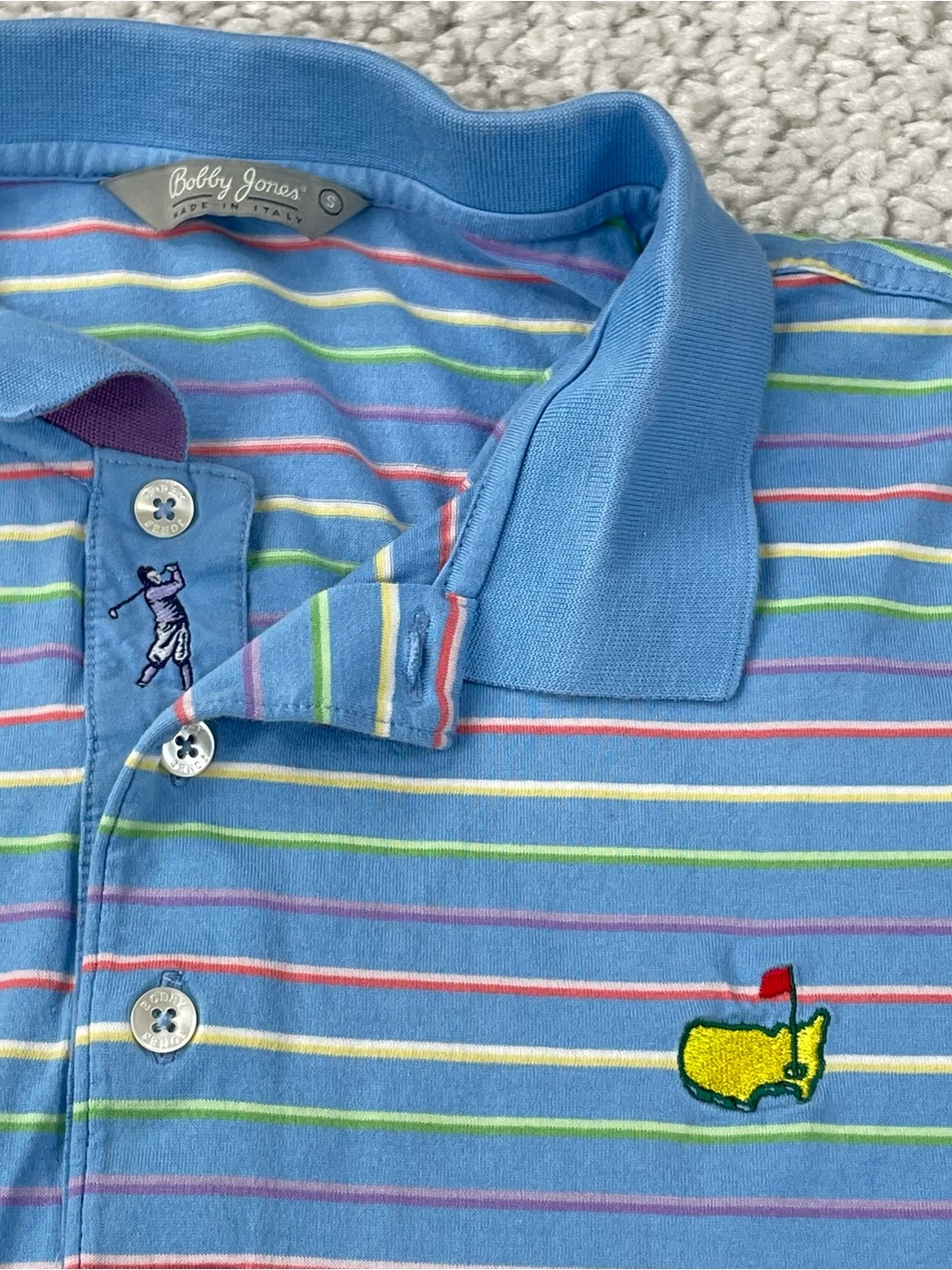 Masters Golf Shirt Bobby Jones Striped Polo Small Blue business casual preppy